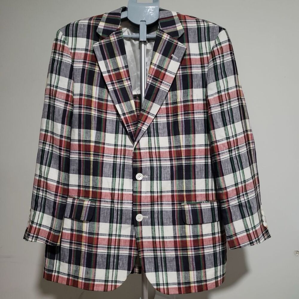 Brooks Brothers 1818 Madison L Multi-Color Madras Plaid Linen Sport Coat Blazer - Picture 2 of 9